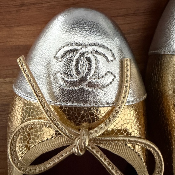 CHANEL Gold and Silver Cap-Toe Ballet Flats - Picture 5 of 9
